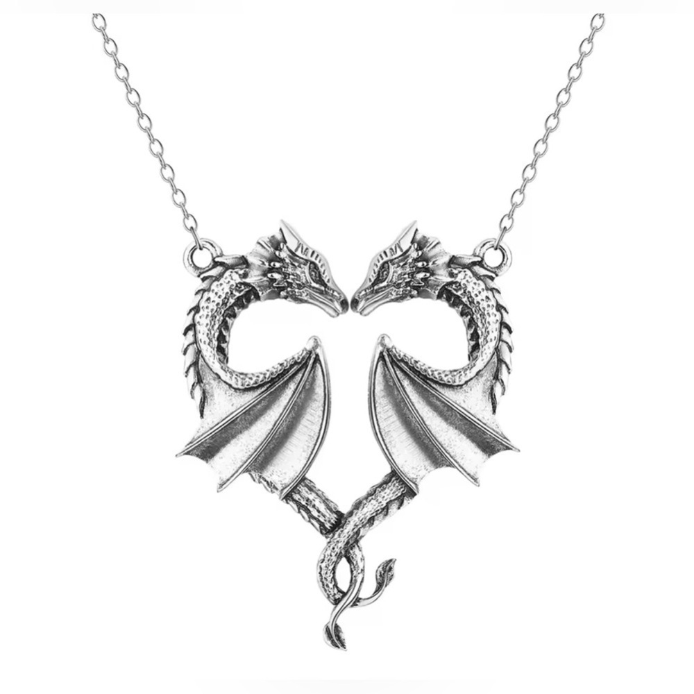 18K White Gold Two Kissing Dragons Heart Necklace - Picture 3 of 10